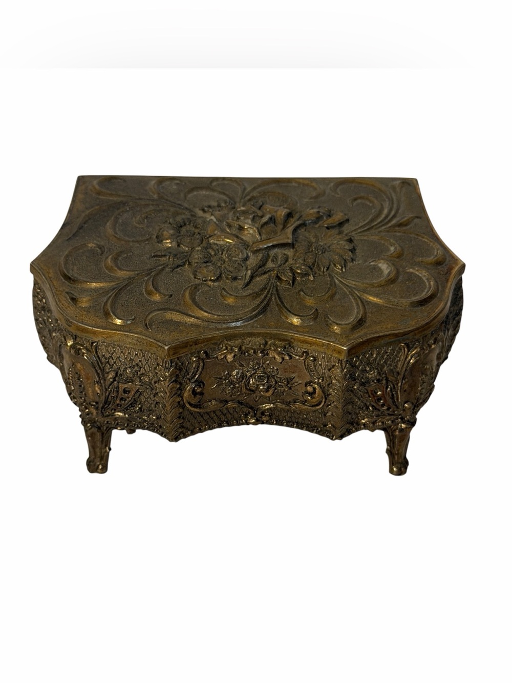 Vintage Delli Inc Japan Ornate Trinket Box Small Gold Floral Red Lined Velvet